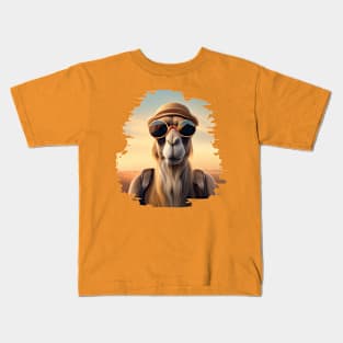 Camel backpacker; sunglasses; desert; back pack; hat; camel; Kids T-Shirt